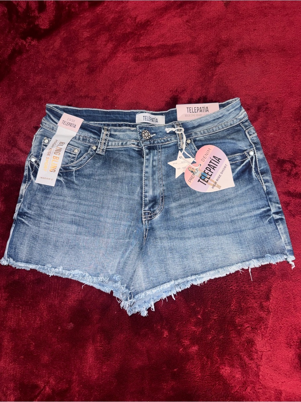TELEPATÍA Bling Bling High Rise Denim Shorts Blue Rhinestone Size 13/31